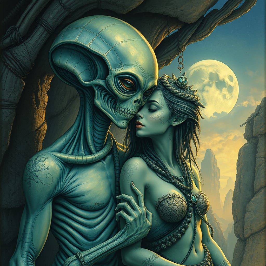Alien and Caveman Romance in Surreal, Fantastical Landscape