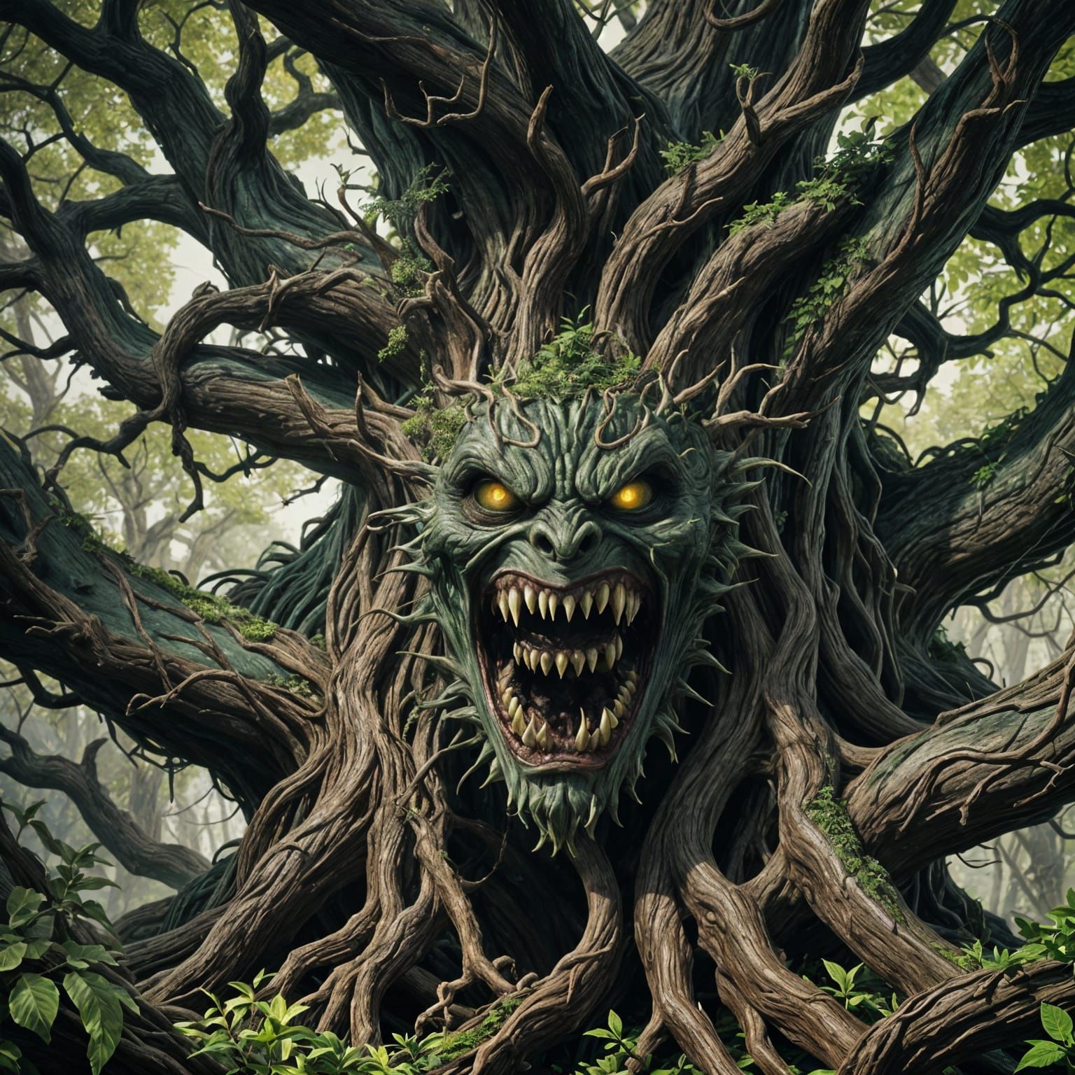 Dark Fantasy Tree Spawn with Gnarled Twigs and Glowing Eyes