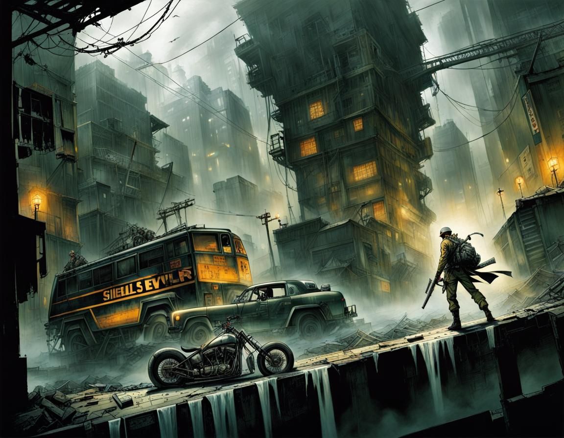 Art by Tsutomu Nihei, Hiroya Oku, Masamune Shirow, inspired by 'Signalis,' 'Silent Hill,' and 'Resident Evil,' an upside...