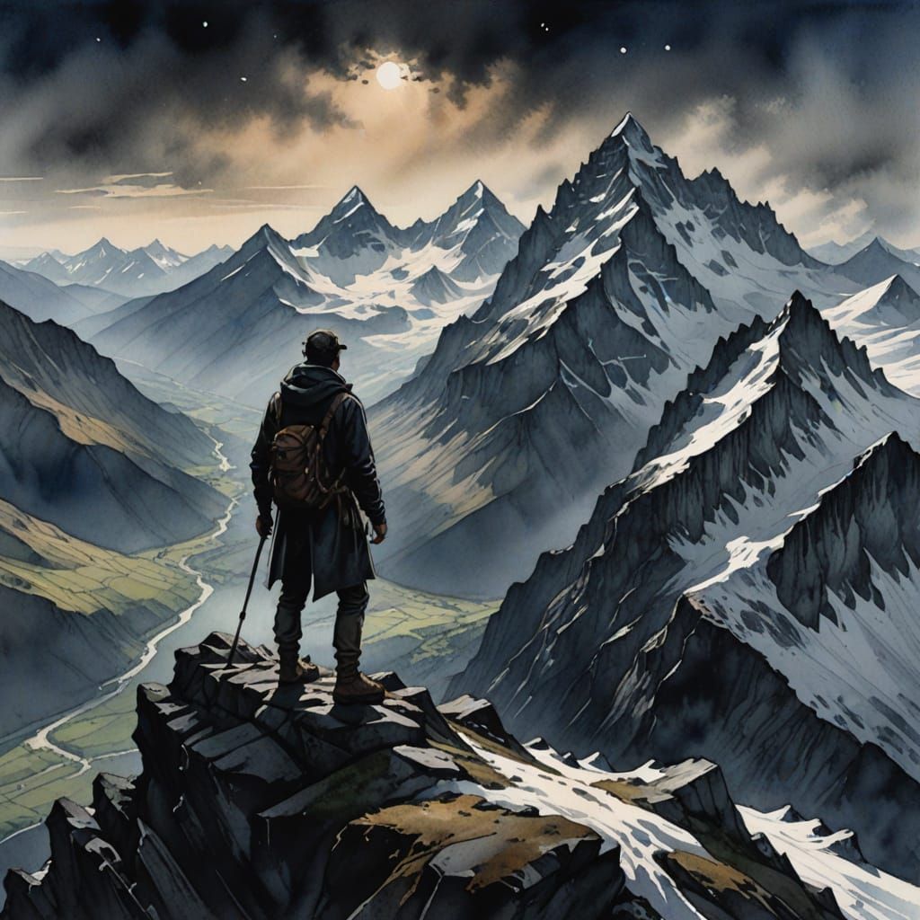 Gothic Fantasy Hiker in Snowy Alps