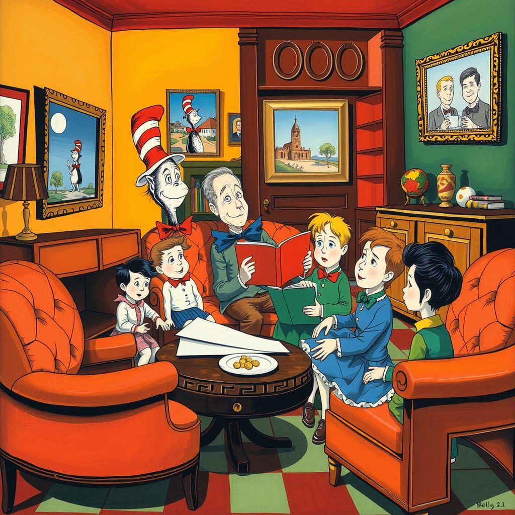 Dr. Seuss Reading to Children in Cubist Style