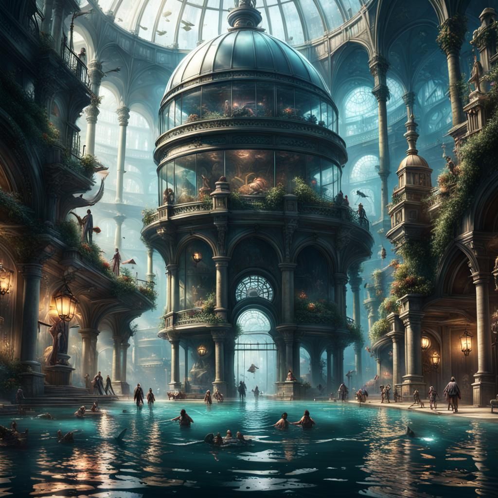 Underwater City in Dome, Dark Fantasy Concept Art