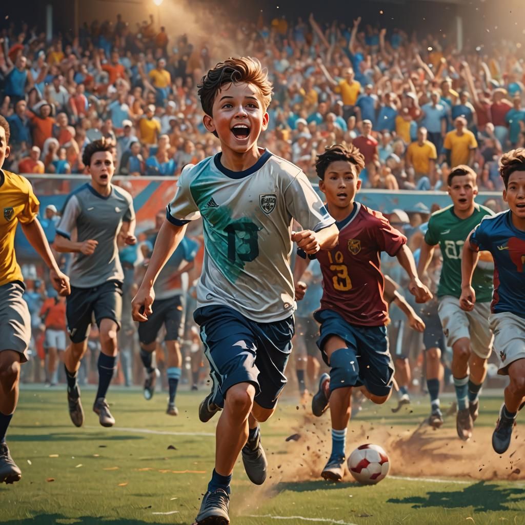 Cute Boy Running at Football Game in Hyperrealistic Style