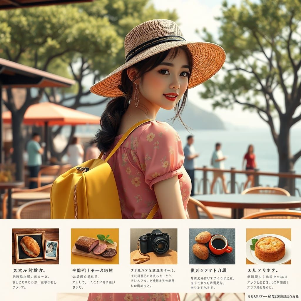 Seaside Coffee Shop with Girl in Floral Dress