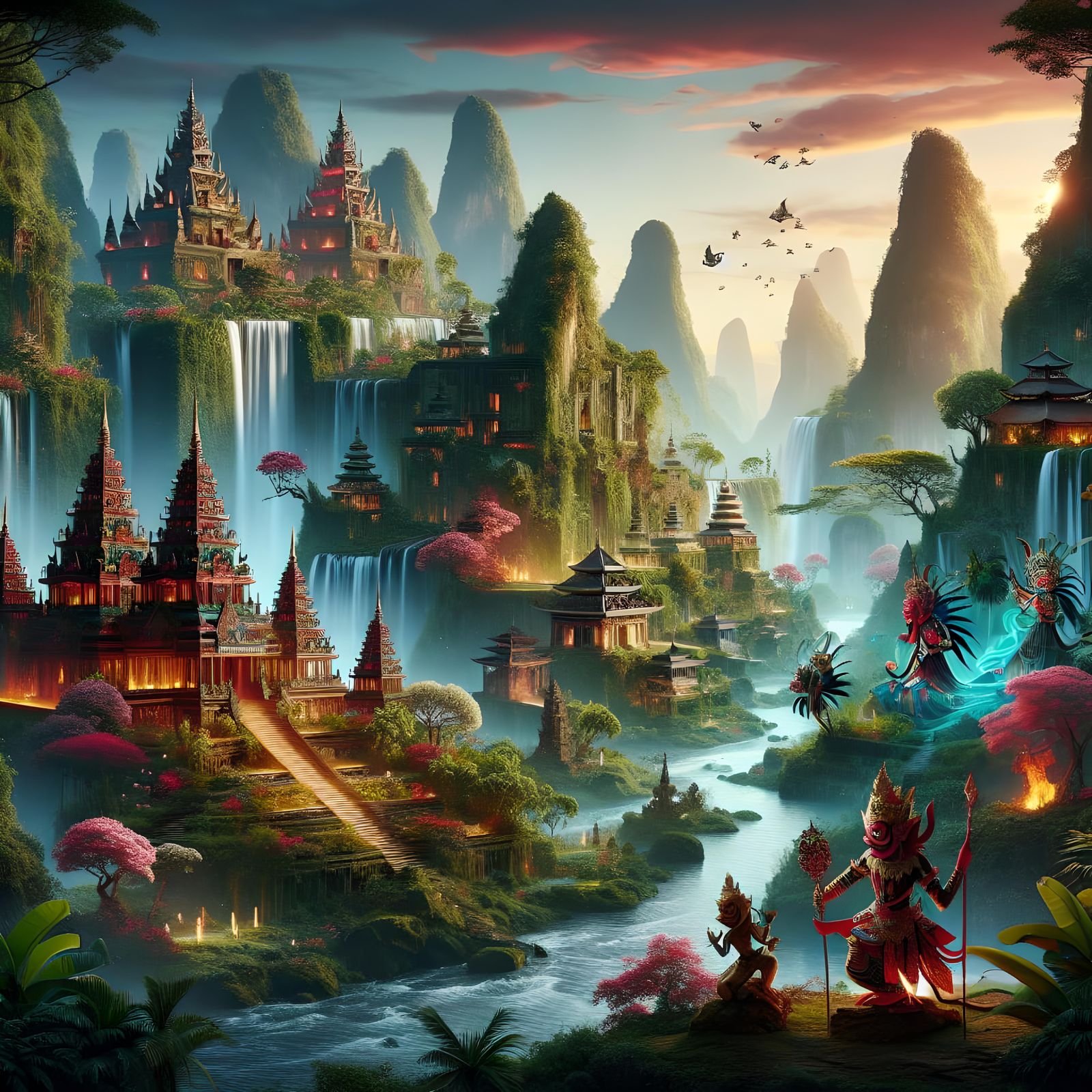 Surreal Temples and Ruins in a Lush Landscape