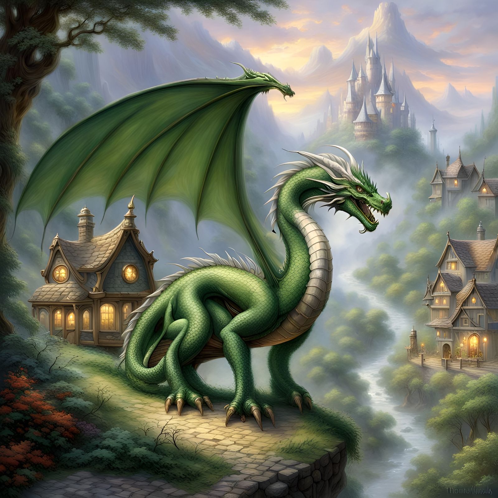 Green Dragon Over Ethereal Elf Village