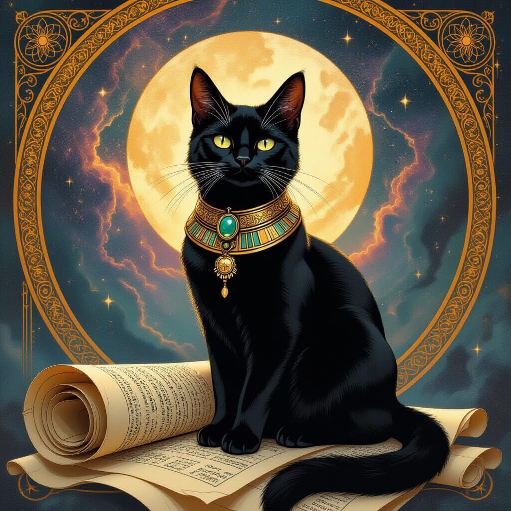 Egyptian Cat in Cosmic Art Nouveau Style