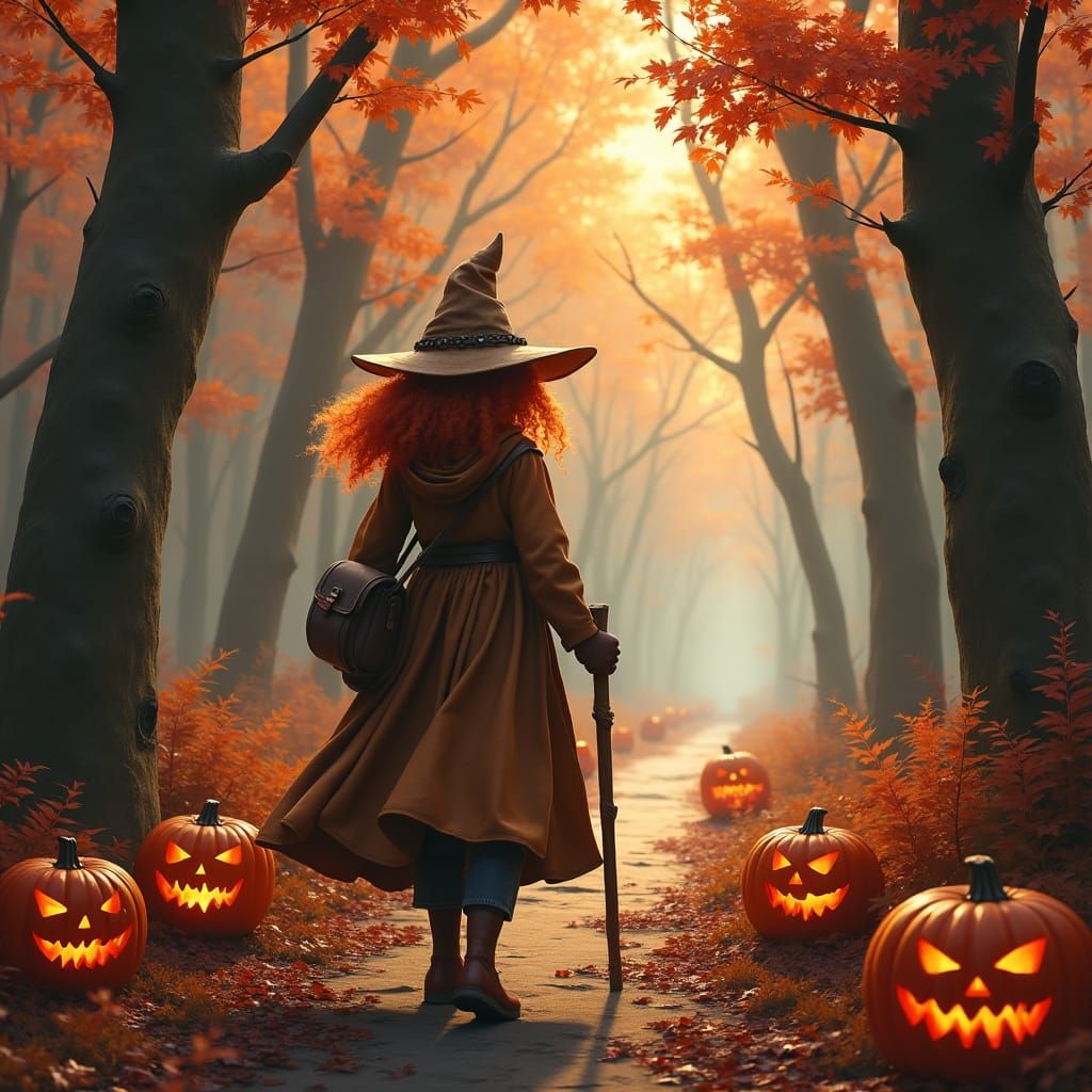 Young Witch in Autumn Forest, Digital Art