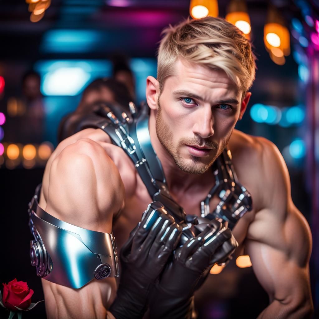 Handsome Cyborgs in Futuristic Bar, Hyperrealistic Photo