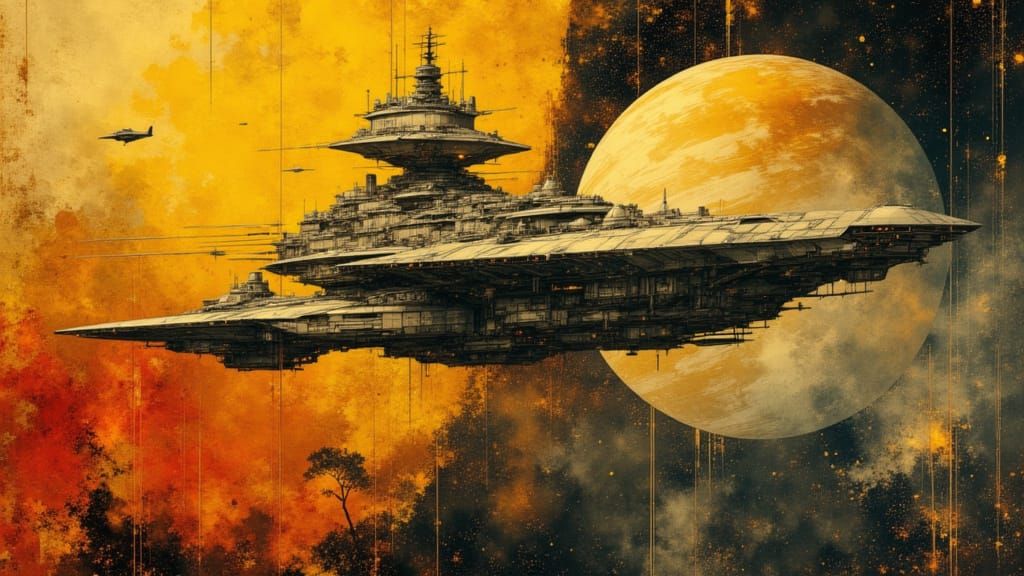 Space Dreadnaughts Soar Past Ringed Planet