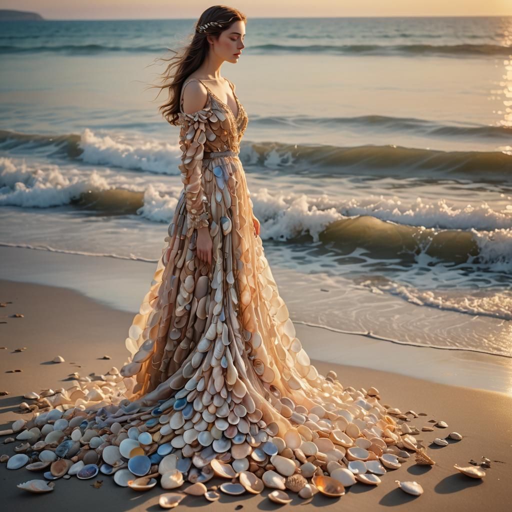 Woman in Seashell Dress, Watercolor Style