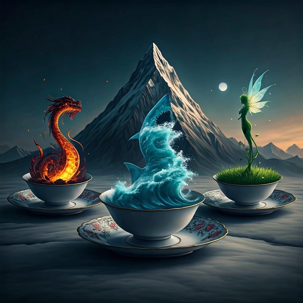 Ornate Saucers on Snowy Peak with Silhouettes