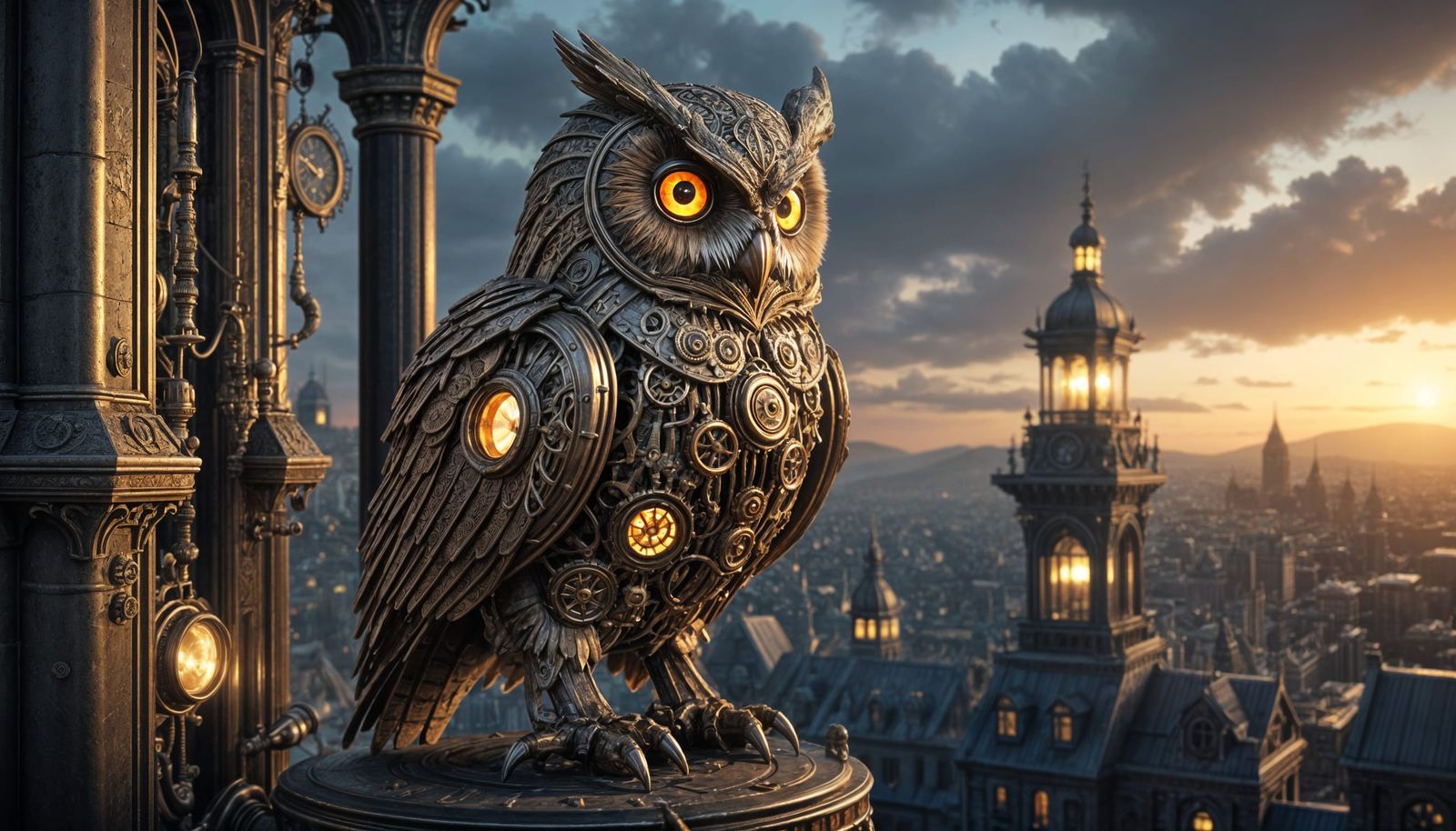 Steampunk Owl on Clockwork Tower Over Victorian City