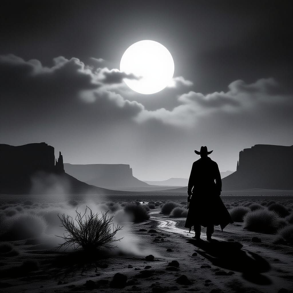 Lone Cowboy Silhouette in Dramatic Moonlit Desert