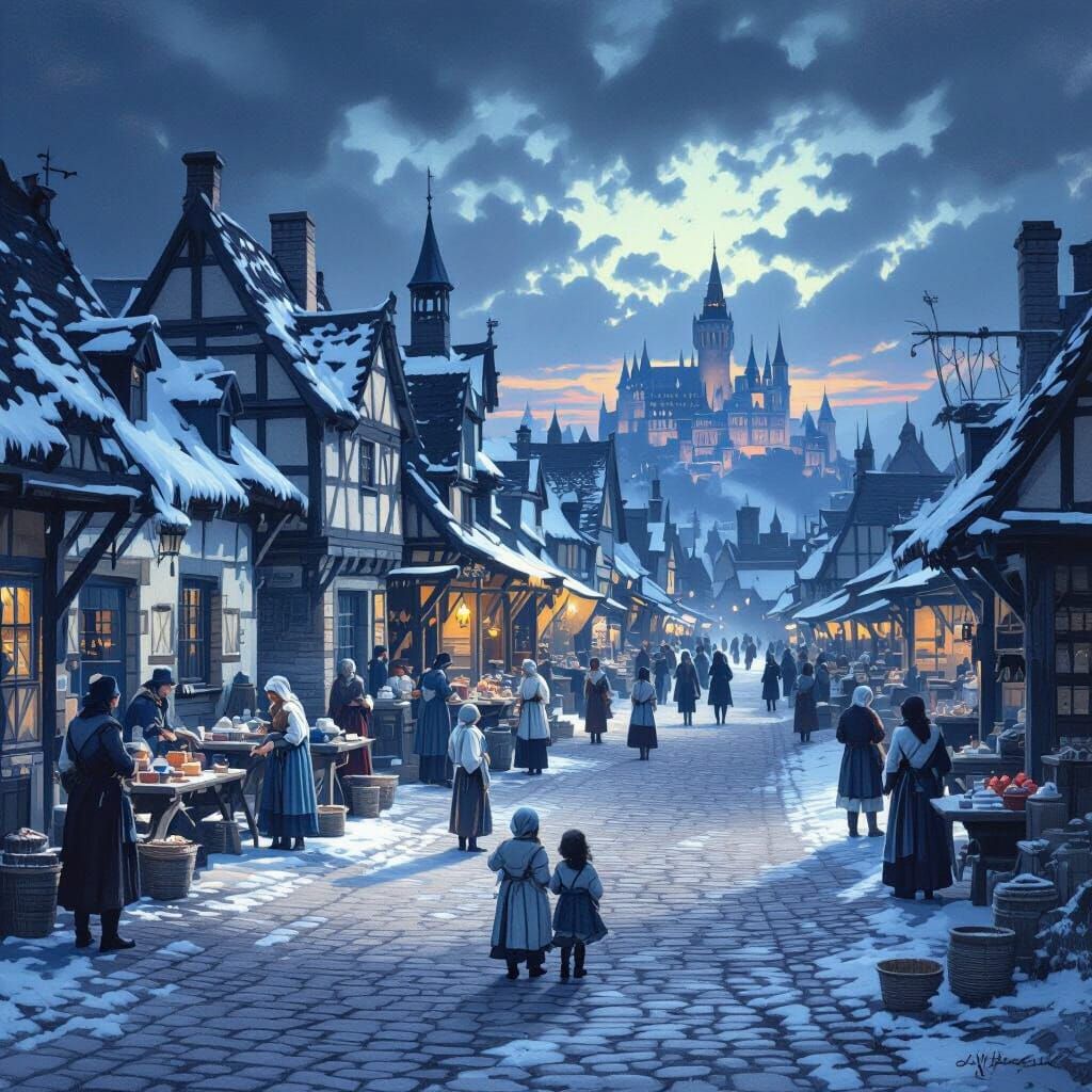 Medieval Village Market Scene with Castle at Twilight