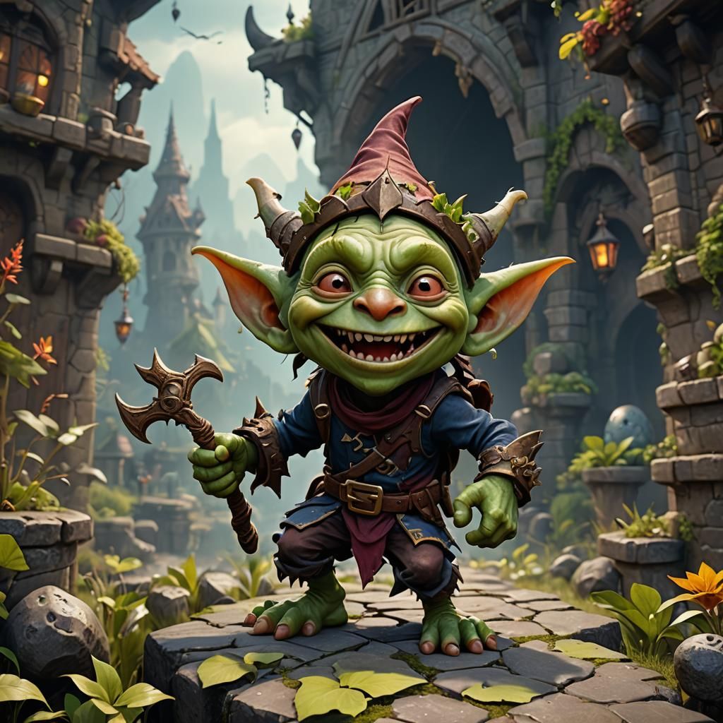Cute Happy Goblin in Detailed Matte Painting