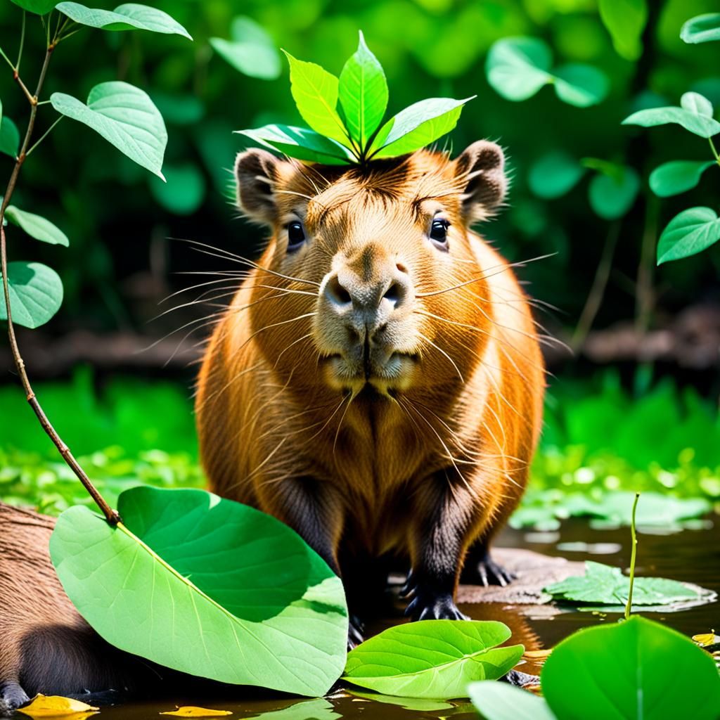 Cute Capybara Portrait with Leaf Crown