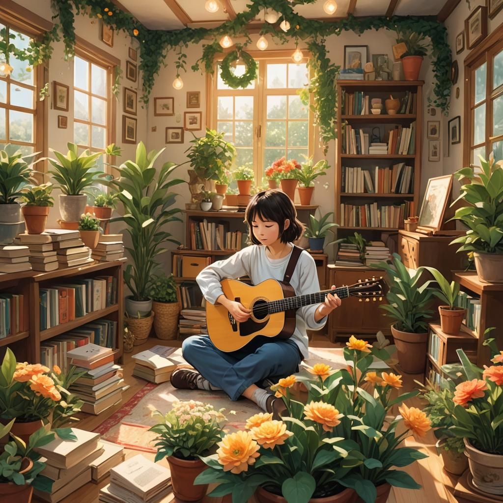 Cozy Music Room with Guitarist in Manga Style