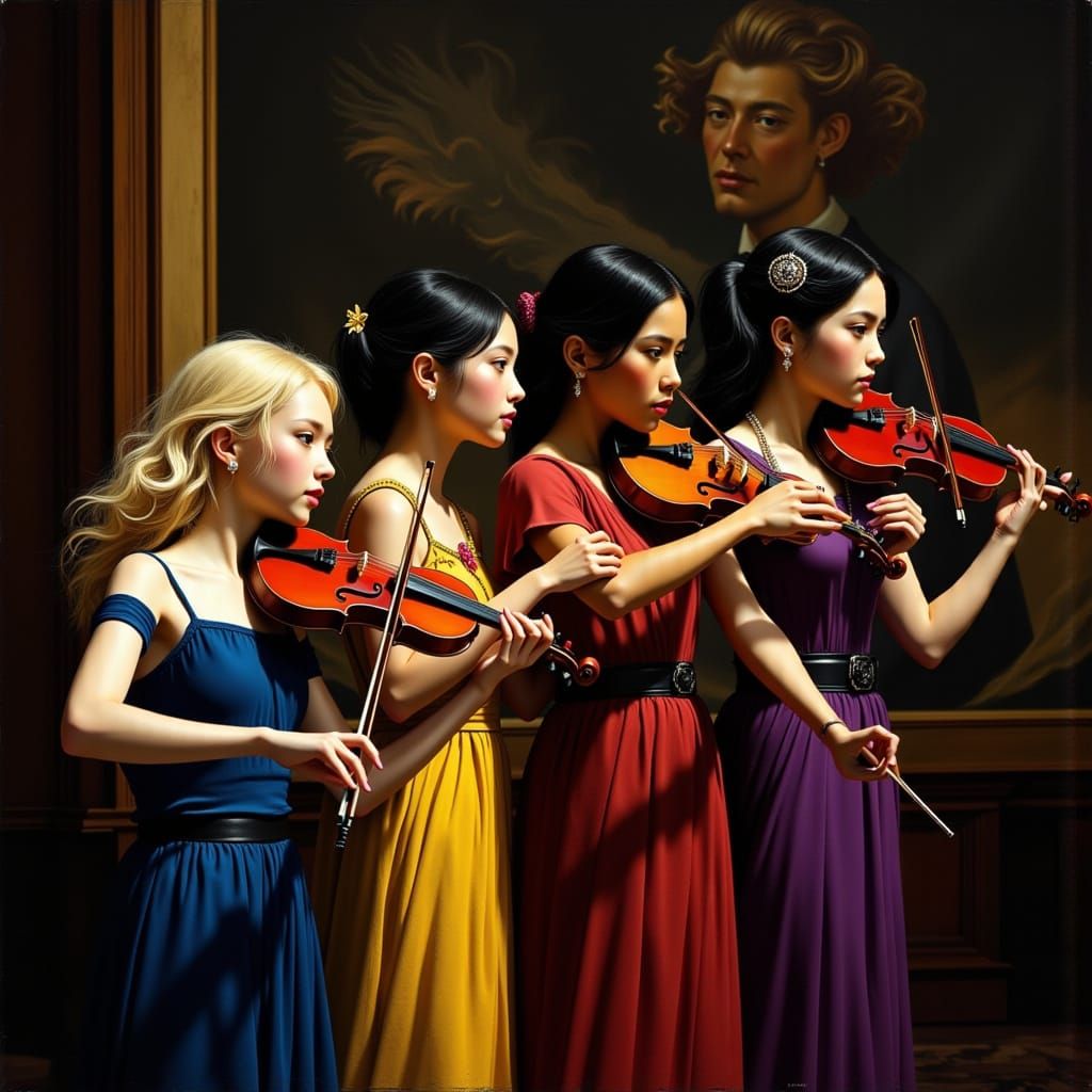 Four Violinists in Harmony: Art Nouveau Portrait