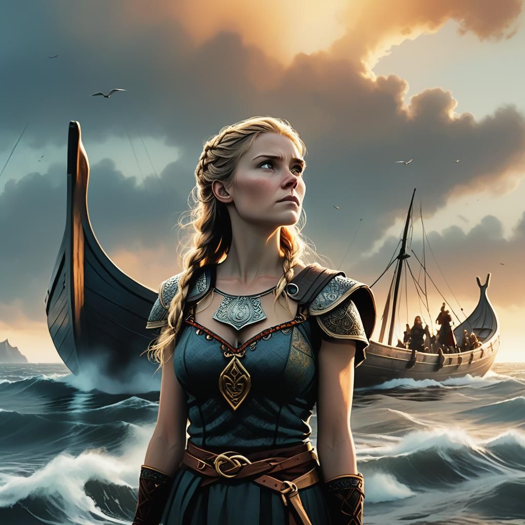 Viking Woman Gazing at Celestial Sky, Comic Book Art