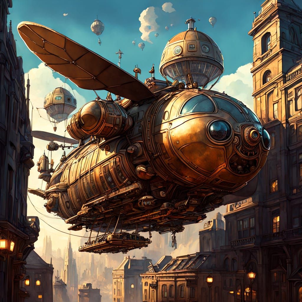Mechanical Beetle Airship Soaring Over Victorian City