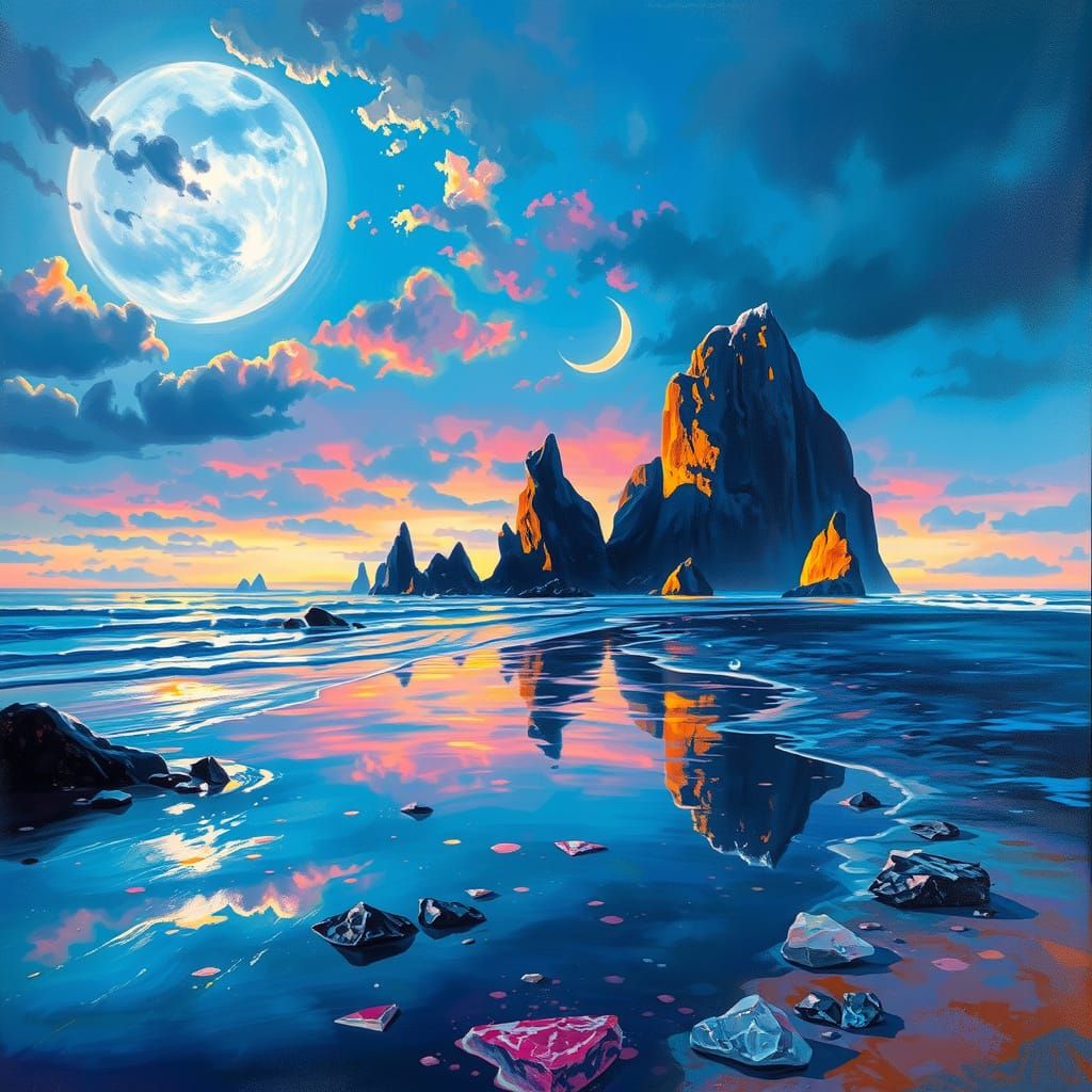 Iridescent Crystal Beach Landscape at Dusk