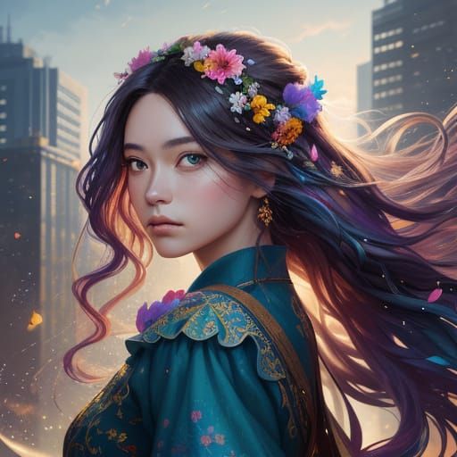 Young Girl with Flower Hair in Fantastical Cityscape