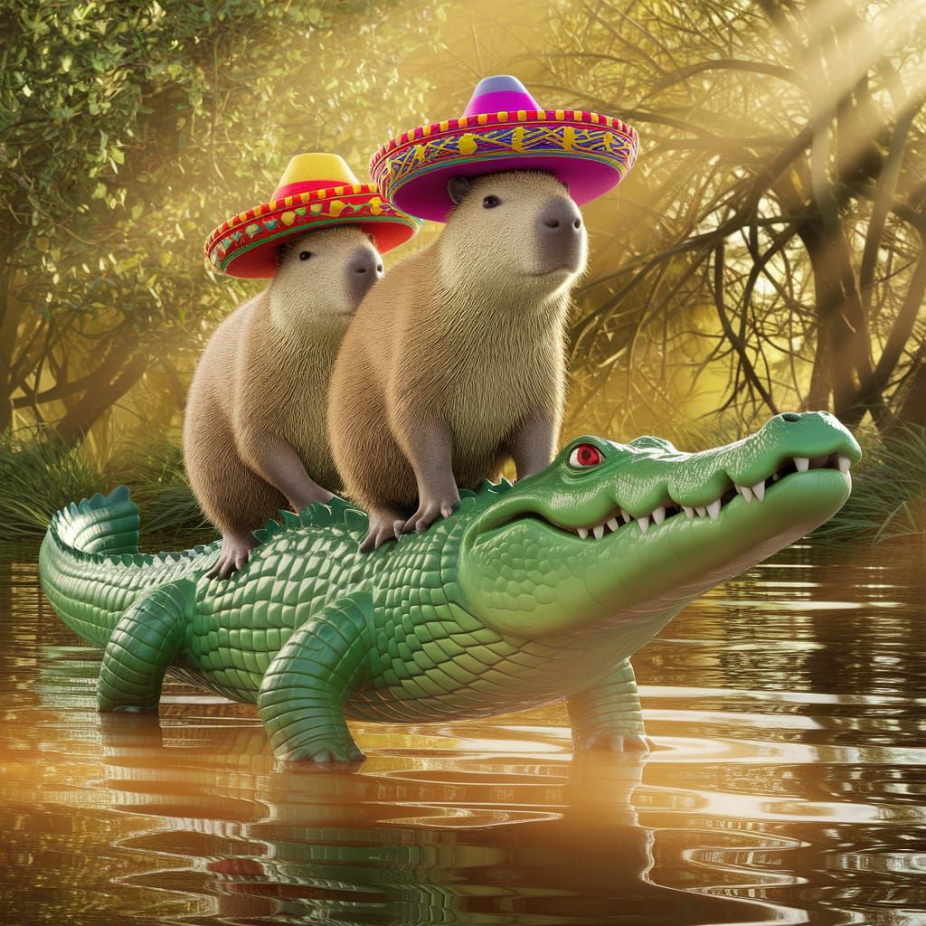 Capybaras in Sombreros riding a crocodile.