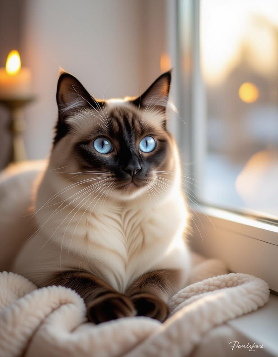 Siamese Cat with Glowing Eyes in Golden Hour Light