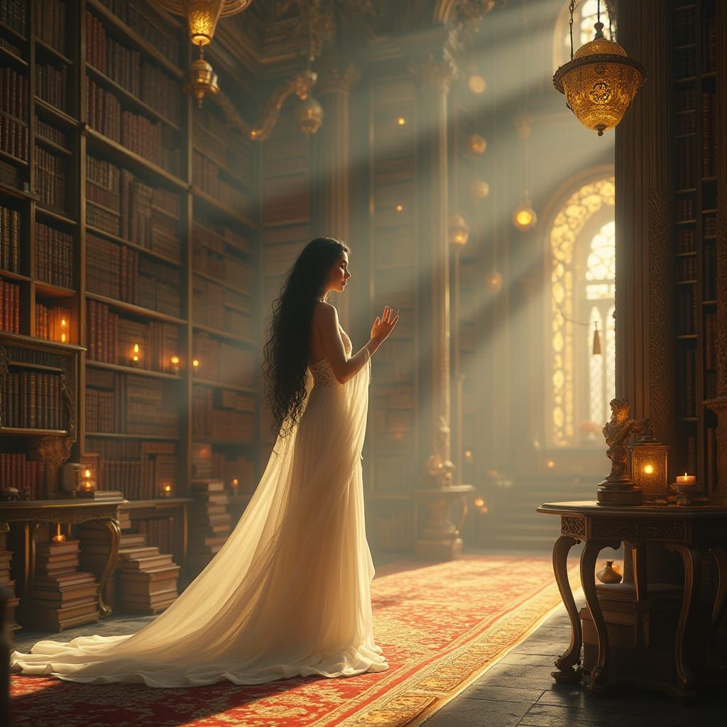 Elegant Woman Teaches English in Ancient Library