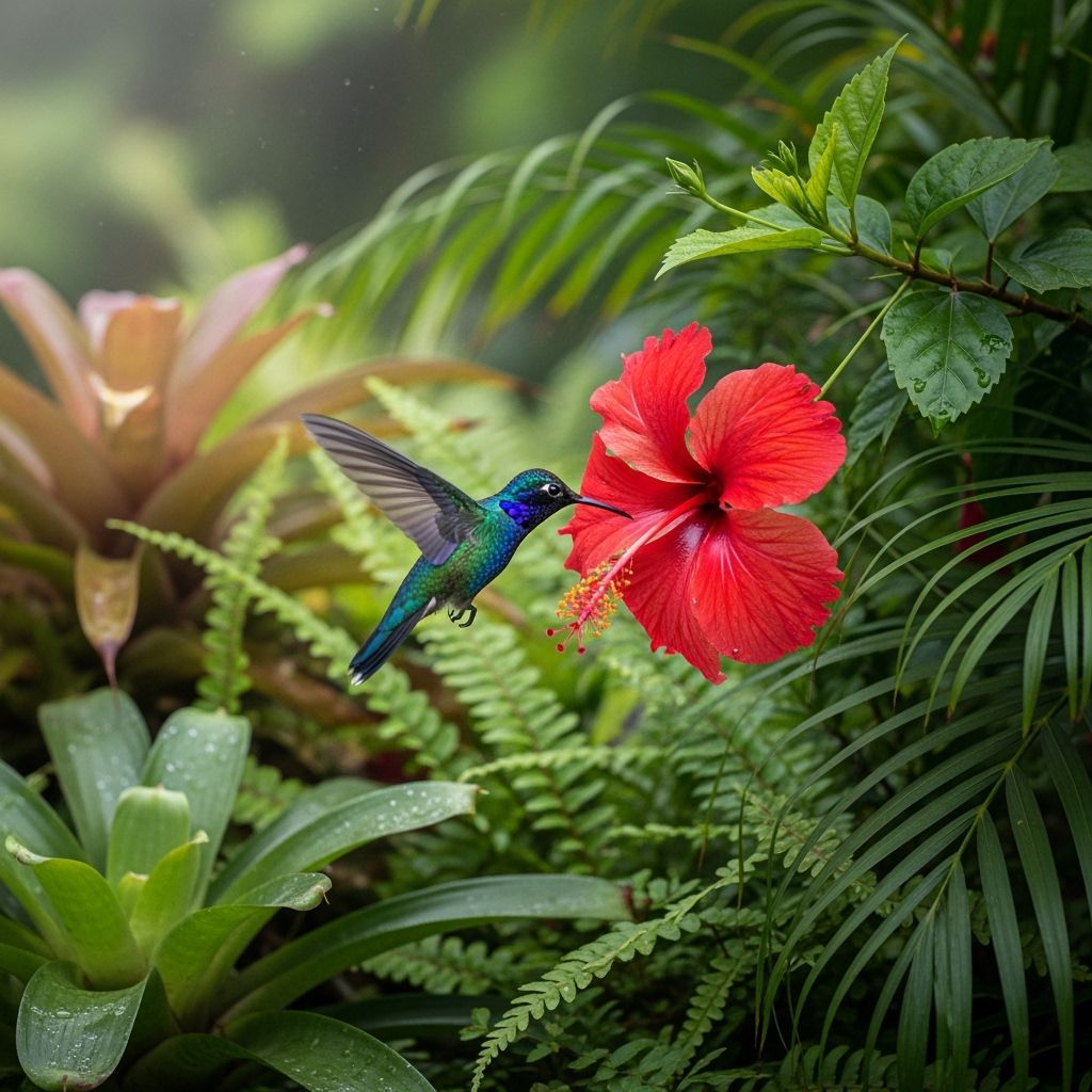 Hummingbird Sipping Nectar in Tropical Garden