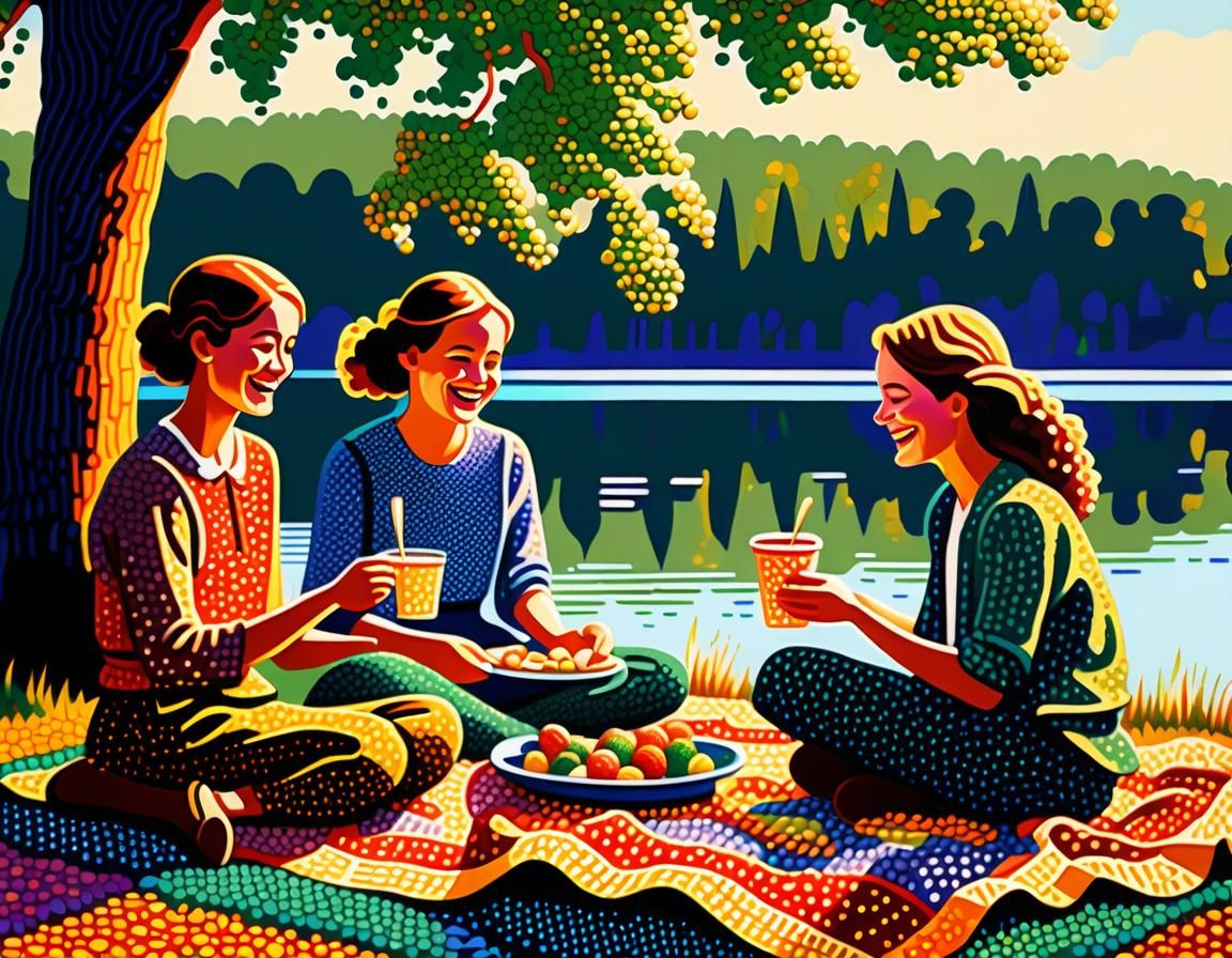 Pointillist Picnic Scene in Style of Seurat