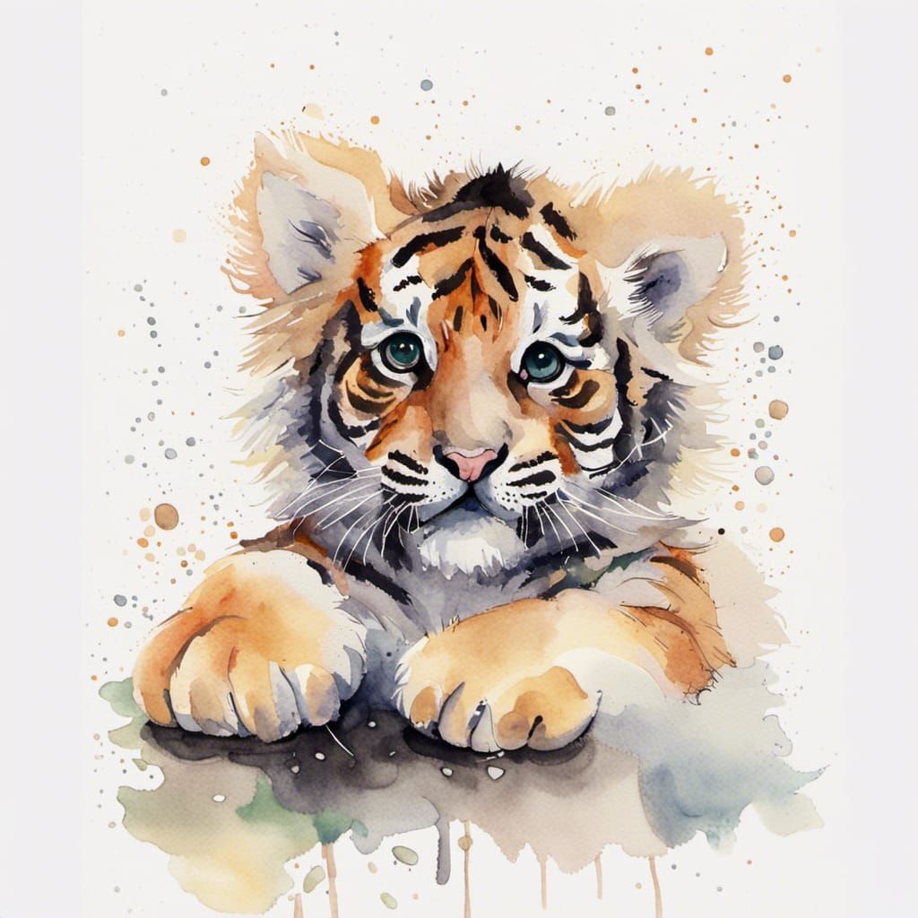 Adorable Fluffy Baby Tiger Watercolor Nursery Art