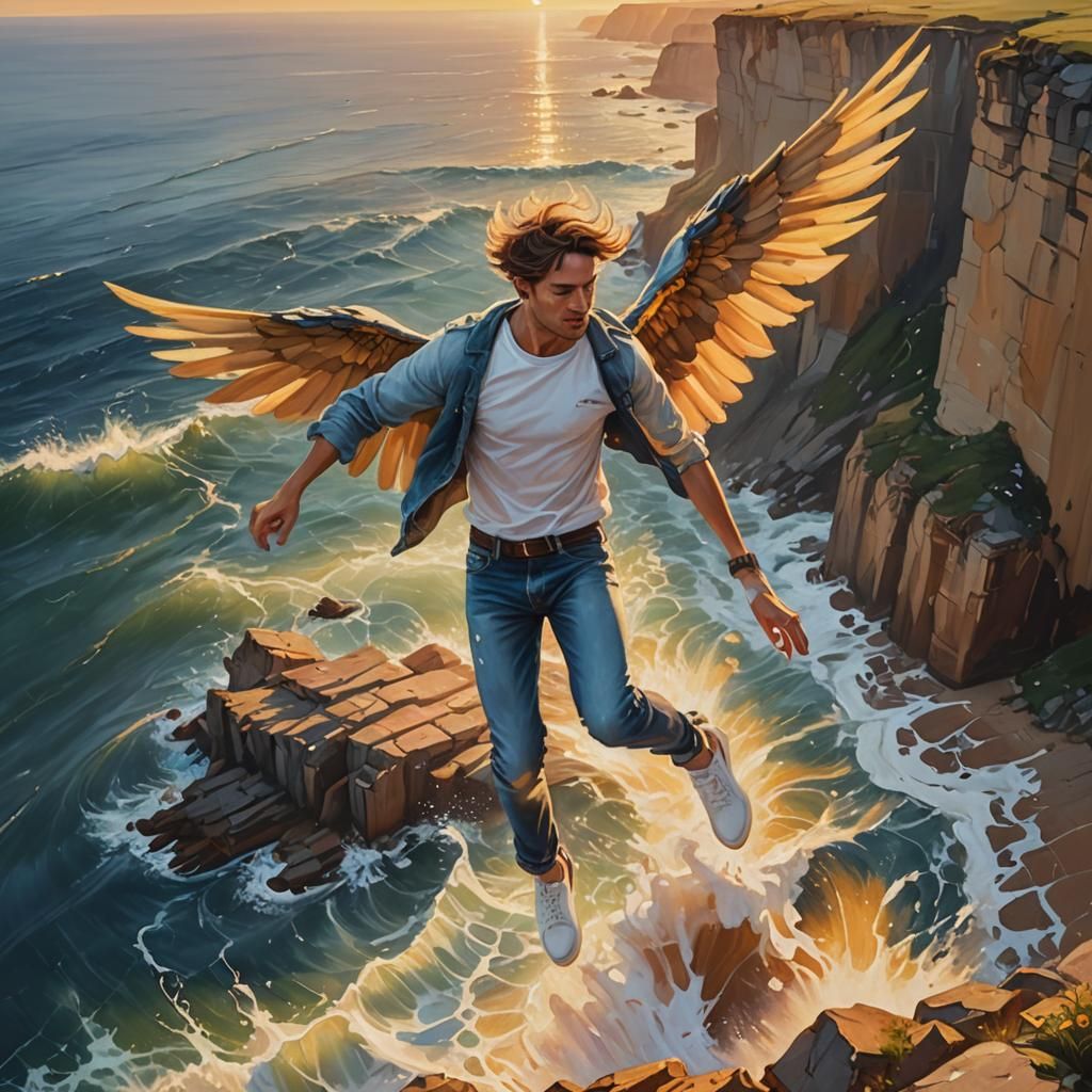 Surrealist Person Soaring Above Ocean at Sunrise