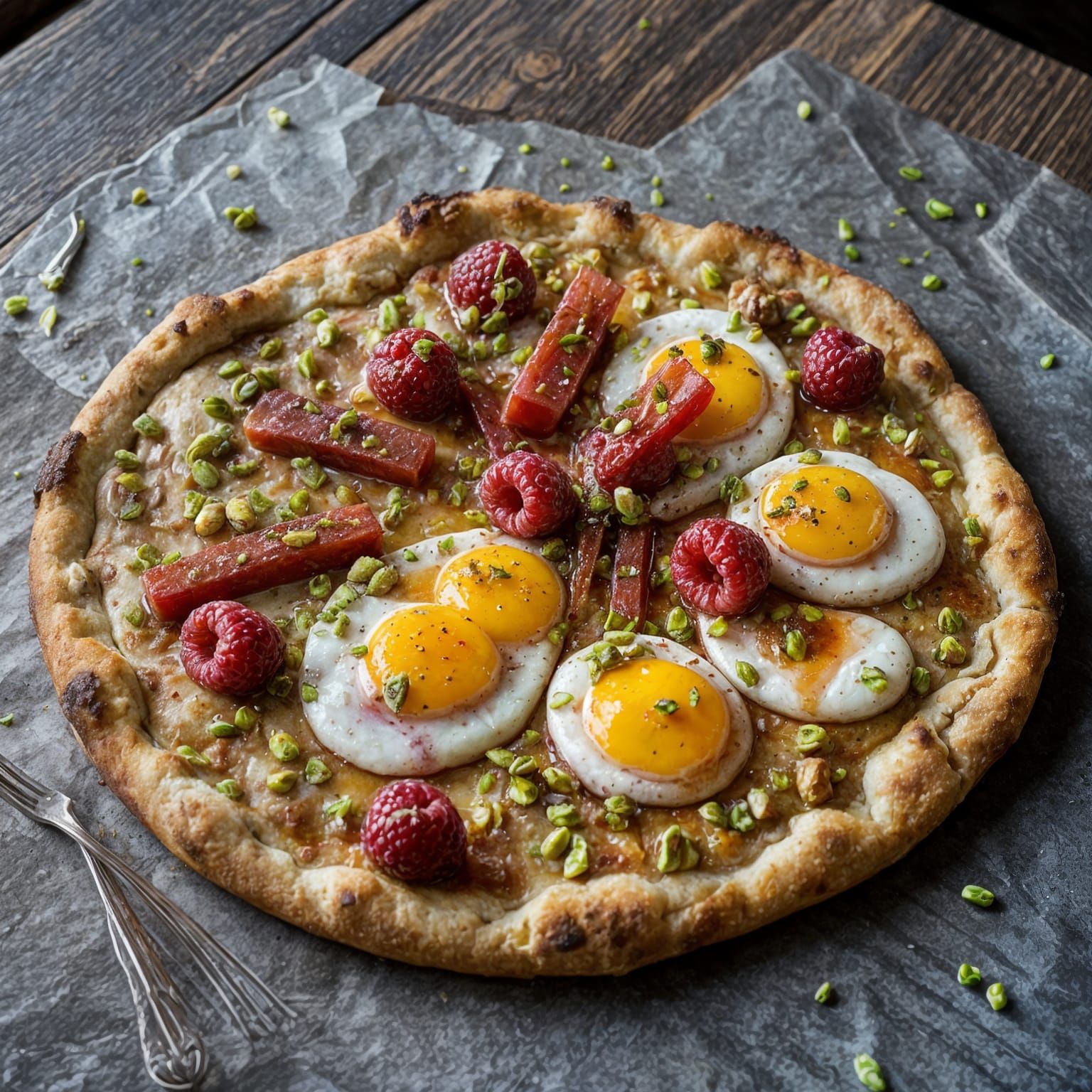 Whimsical Breakfast Pizza with Quail Eggs and Rhubarb