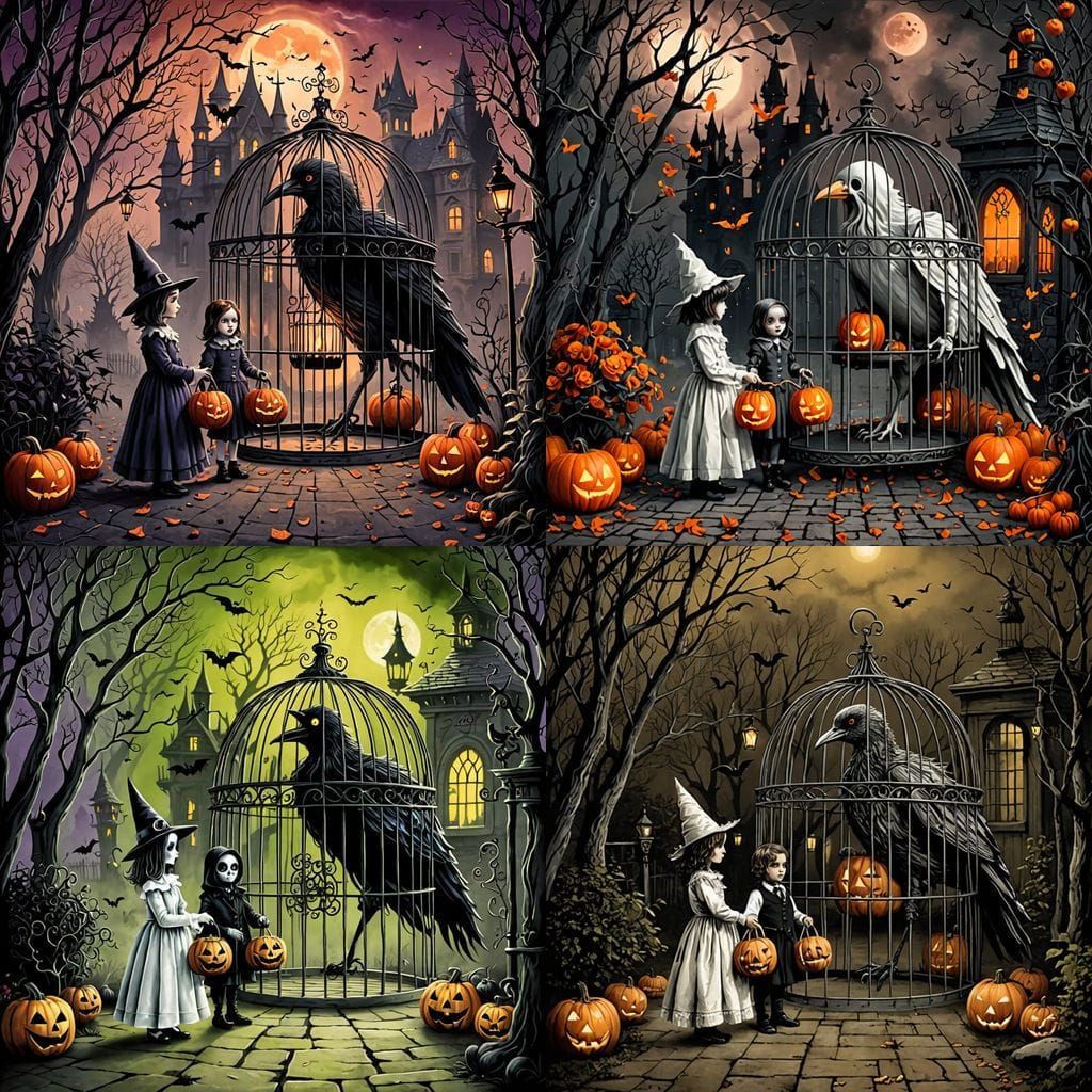 Tim Burton Style Birdcage With Trick-or-Treaters