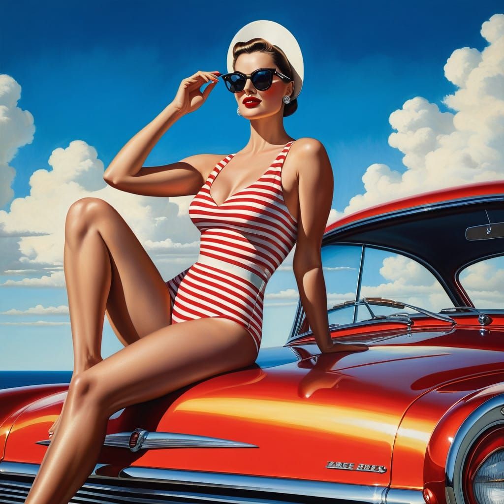 Vintage Girl on Chrome Bonnet, 1950s Nostalgia