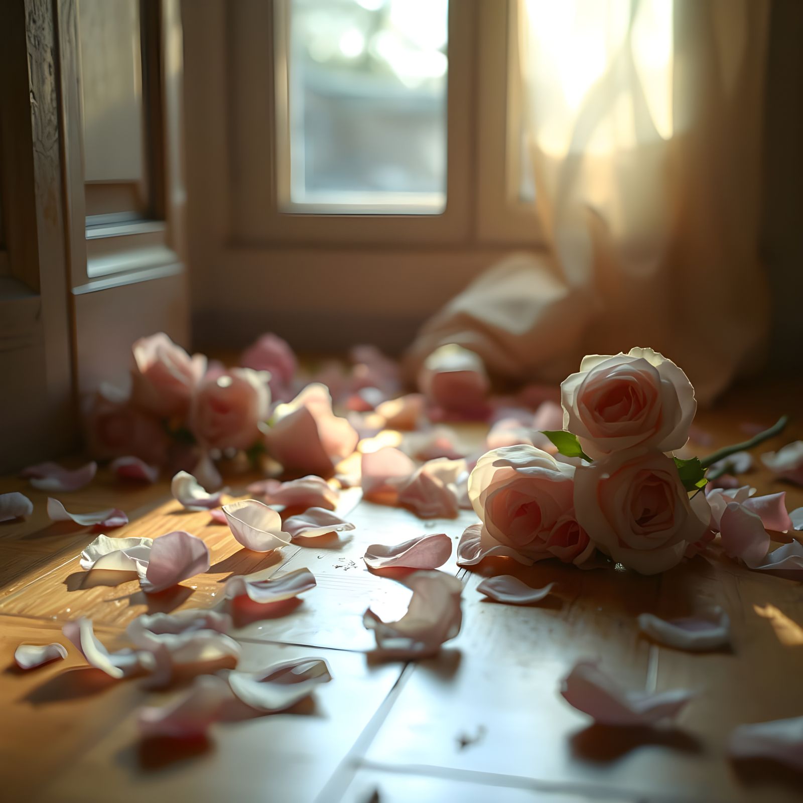 Delicate Pink Rose Petals on Golden Wooden Floor in Soft Lig...