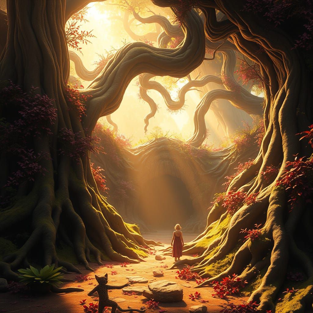 Dreamlike Landscape with Ancient Tree Roots in Warm Golden L...