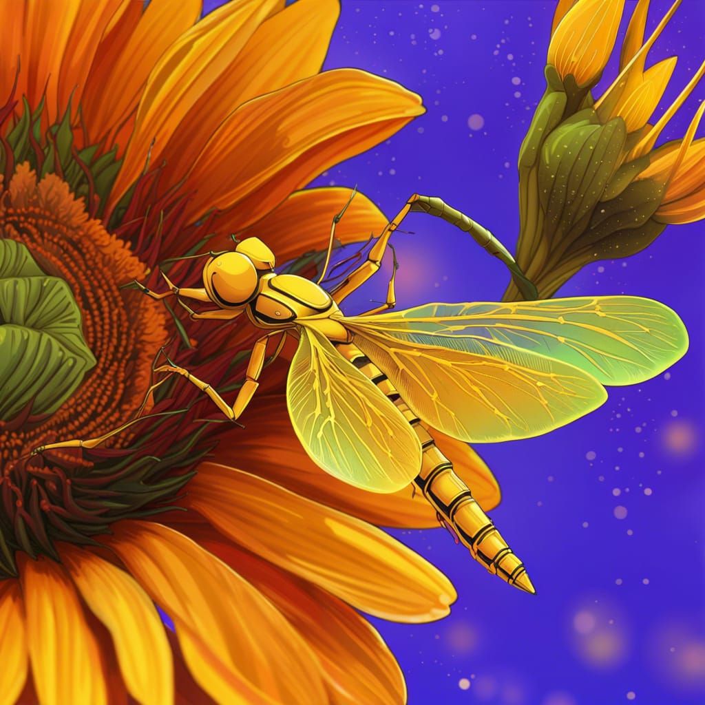 Cyberpunk Dragonfly on Sunflower, Synthwave Art
