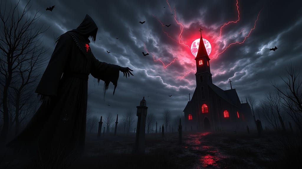 Blood Moon Over Abandoned Church with Creepy Figure