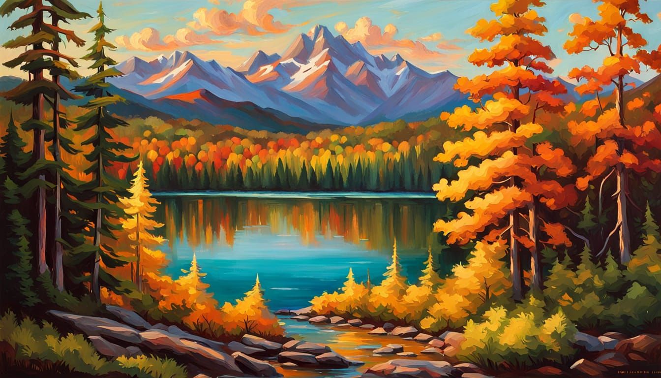 Impressionist Oil Painting of a Majestic Lake Landscape