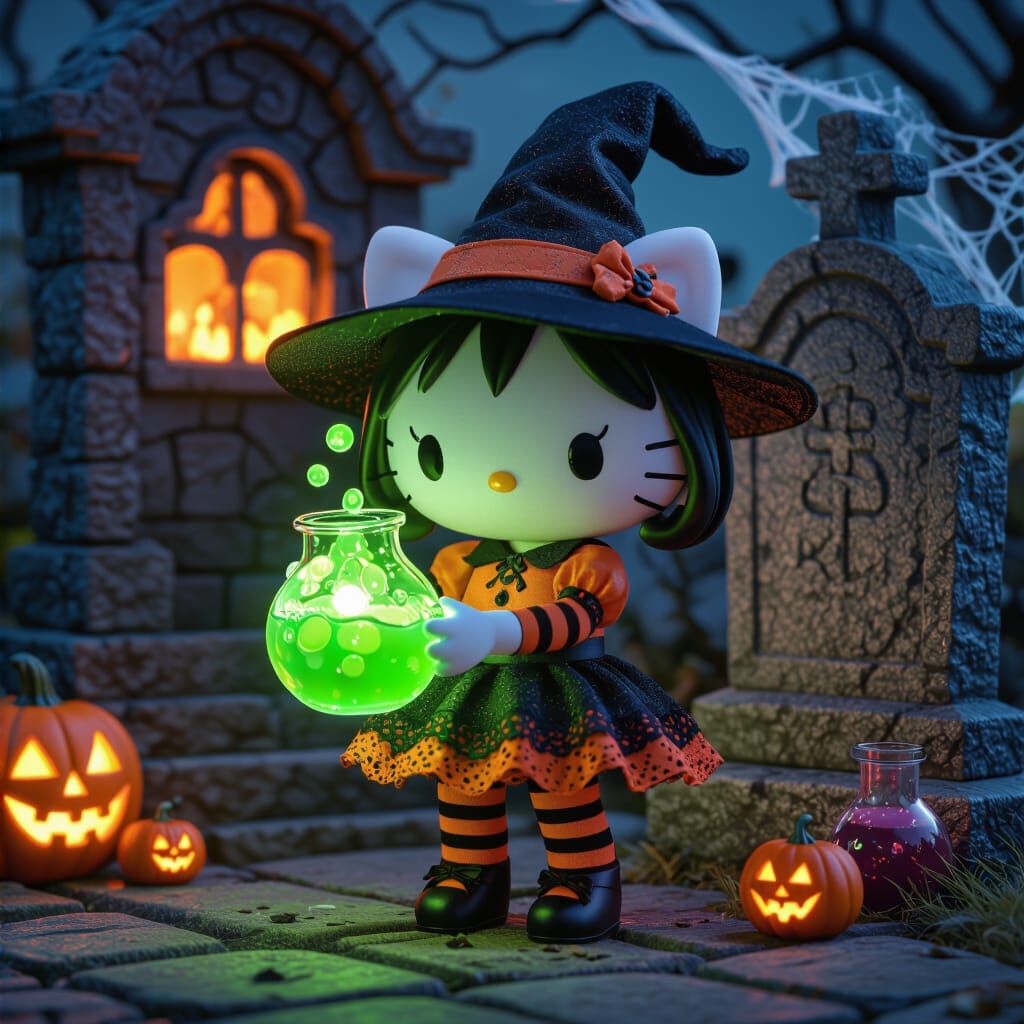 Cute Chibi Hello Kitty Witch With Glowing Potion