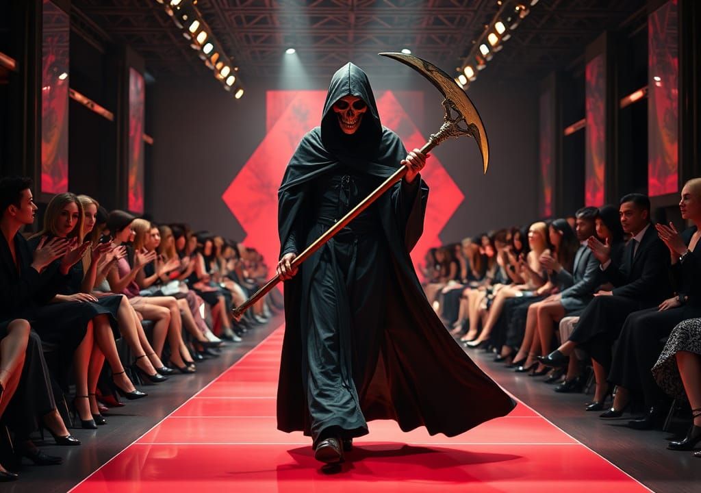 "The Grim Reaper strides confidently down a high-fashion runway, draped in a sleek, flowing black cloak. He holds a perf...