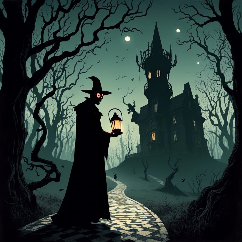 Masked Figure with Lantern at Woods Edge