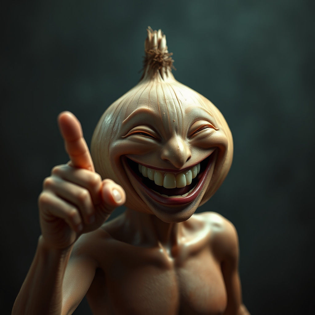Hyperrealistic Onion Man Laughing and Pointing