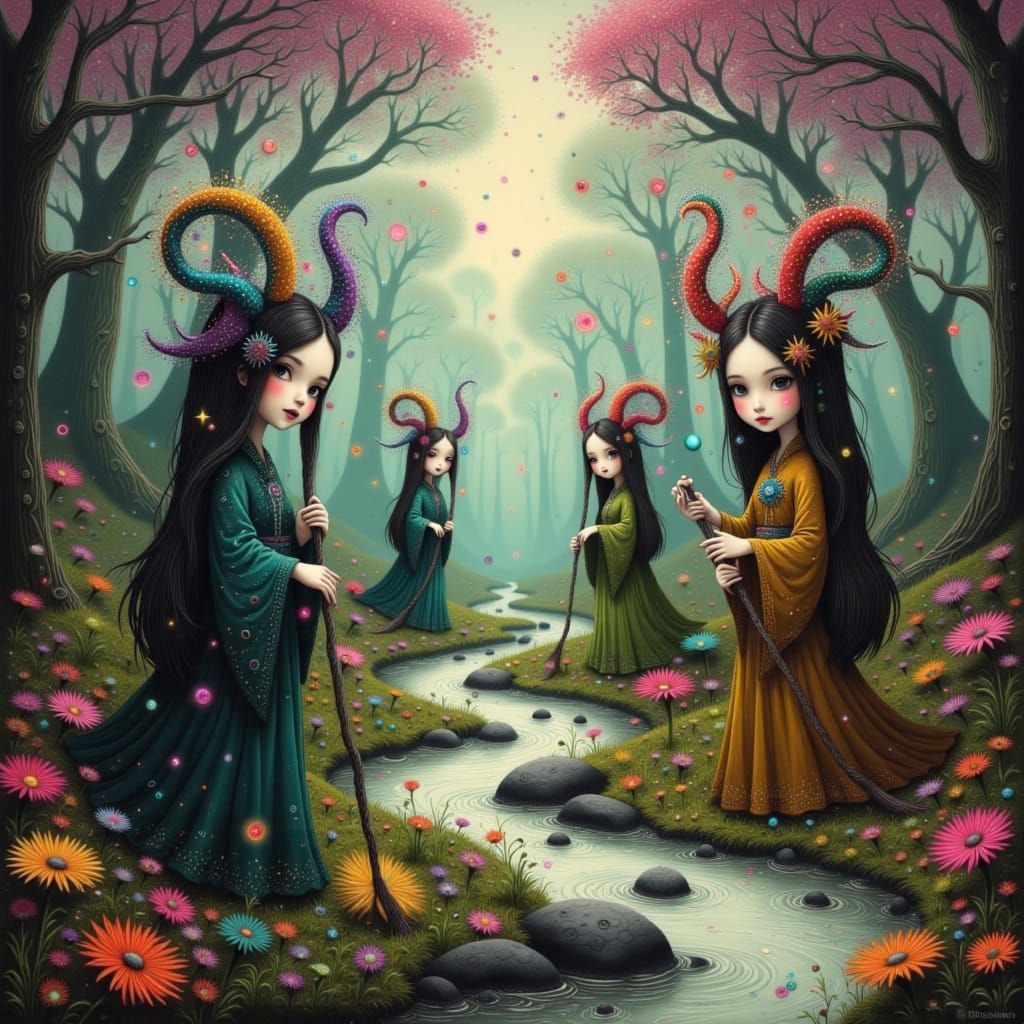 Mystical Norns Weaving Fate in Nordic Forest