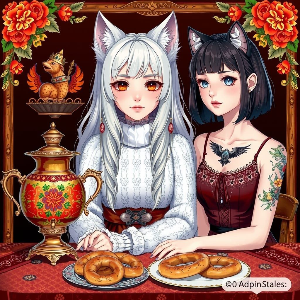 Anime Girls with Wolf Ears Enjoying Tea