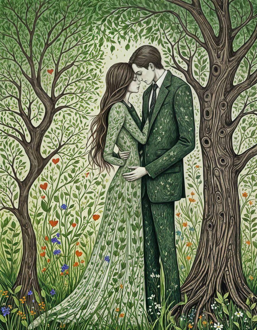 Stylized Line Drawing of Couple Embracing Under Heart Tree