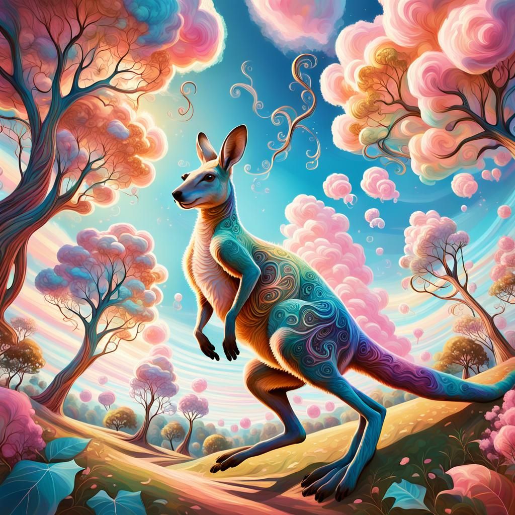 Kangaroo in Whimsical Impressionist Dream Landscape